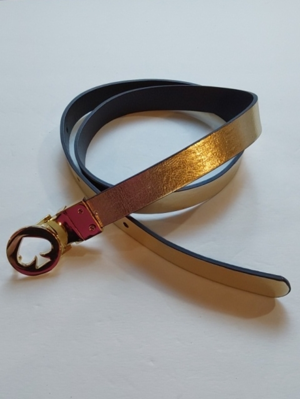 Kate Spade|Gold Metallic/Navy Reversible Women’s Thin Belt Gold Spade Buckle OS